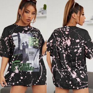 Shein Stay True Yourself Paint Splatter Tie Dye Oversized Tee Black Top‎ Size 6